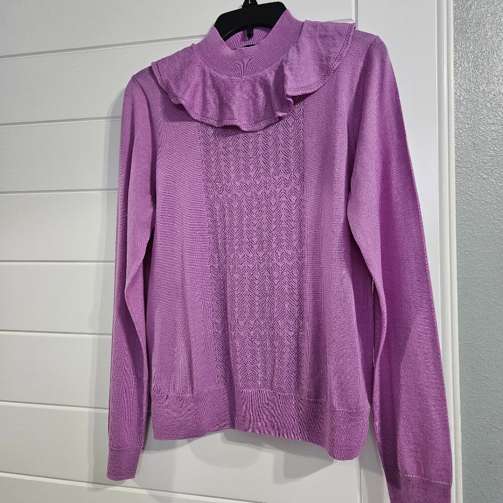 Medium Ruffle mockneck lavender sweater with pointelle stitch